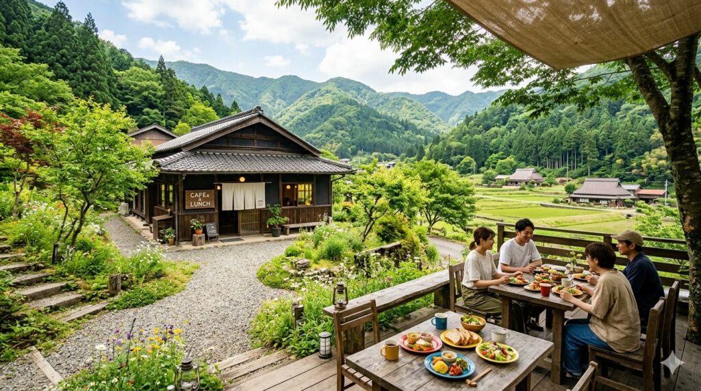 緑豊かな山々に囲まれた能勢・豊能の里山風景と、趣のある古民家カフェのテラス席でランチを楽しむ人々の様子