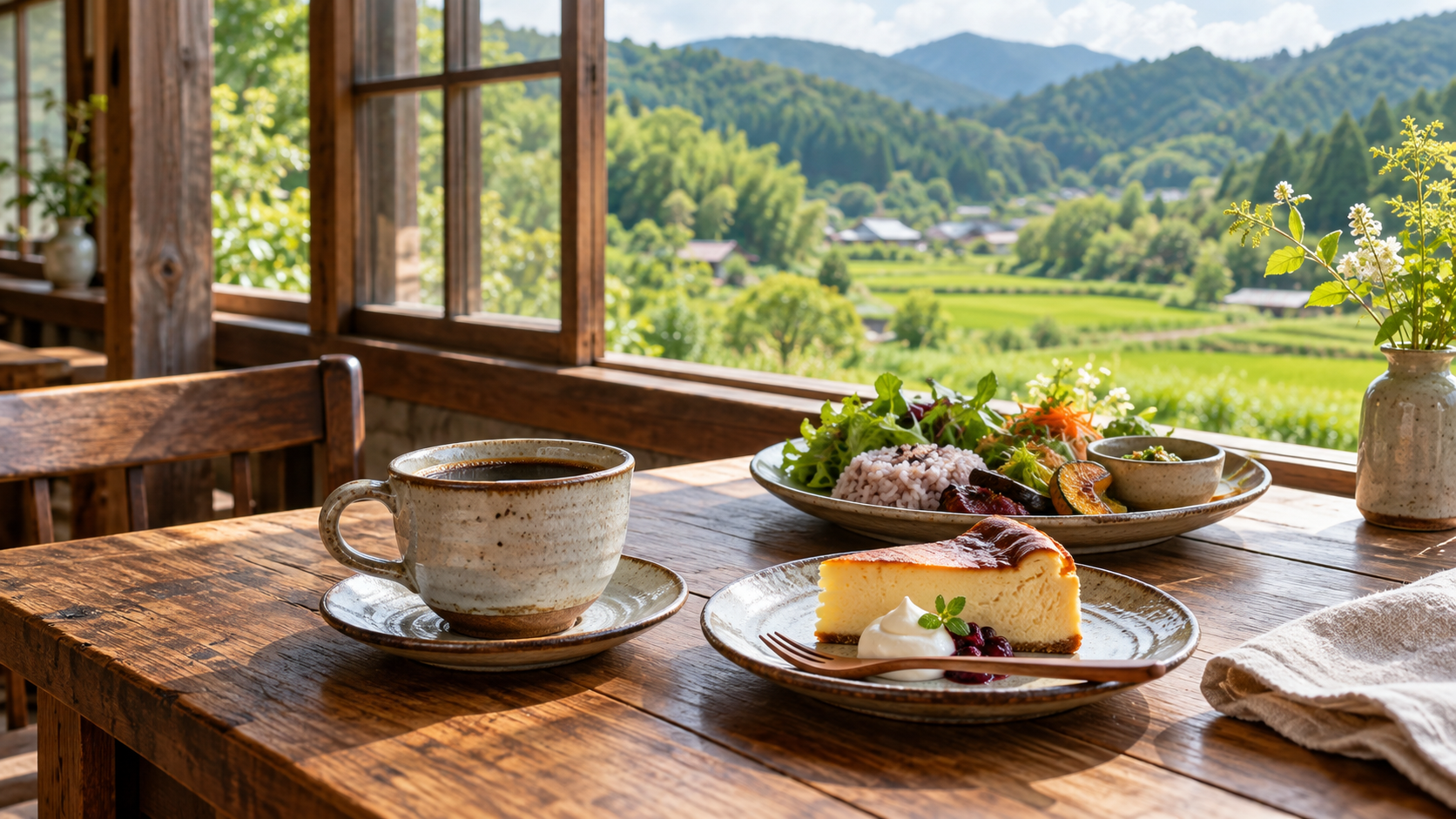 能勢の里山が見えるカフェの窓際のランチプレートとチーズケーキとコーヒー