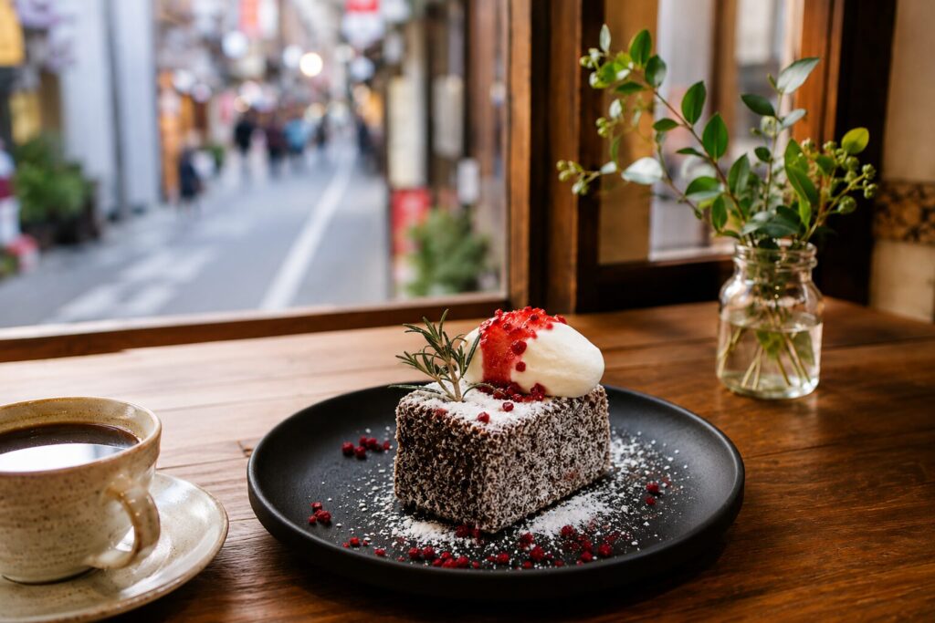 天神橋筋商店街近くのおしゃれなカフェで楽しむチーズケーキやとコーヒーのある店内風景