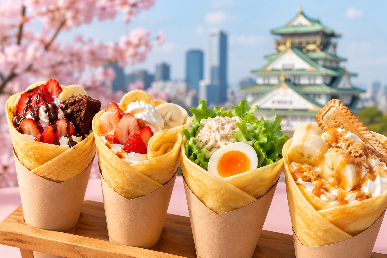 大阪らしい街並みを背景に、いちごやバナナ、生クリームなどをたっぷり使った色鮮やかなクレープが並ぶ横長のイメージ画像。甘い系と食事系クレープが並び、華やかでおしゃれな雰囲気。
