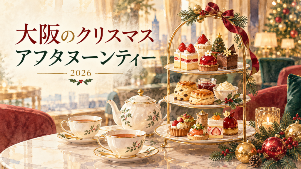 大阪のクリスマスアフタヌーンティー2026。ケーキスタンドと紅茶を描いたイメージイラスト
