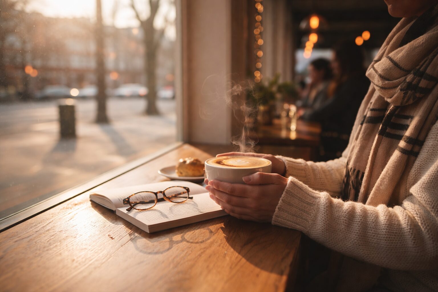 温かいカフェにいる女性の写真