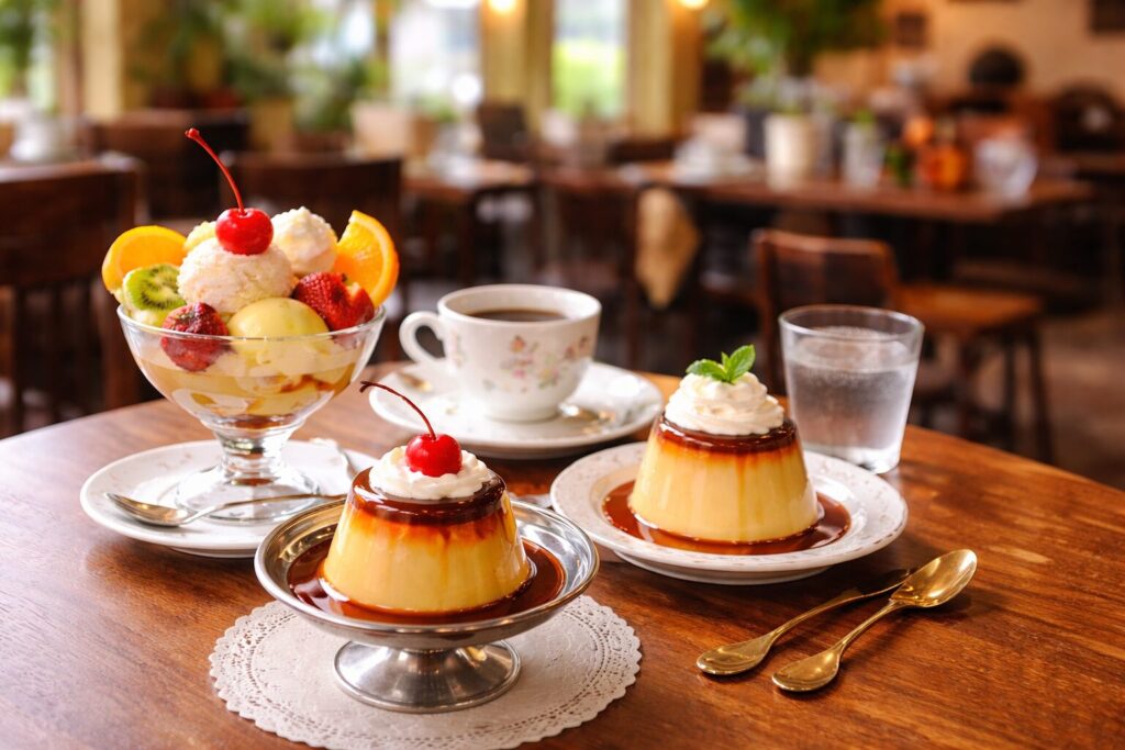 大阪カフェの固めプリンとプリンアラモード