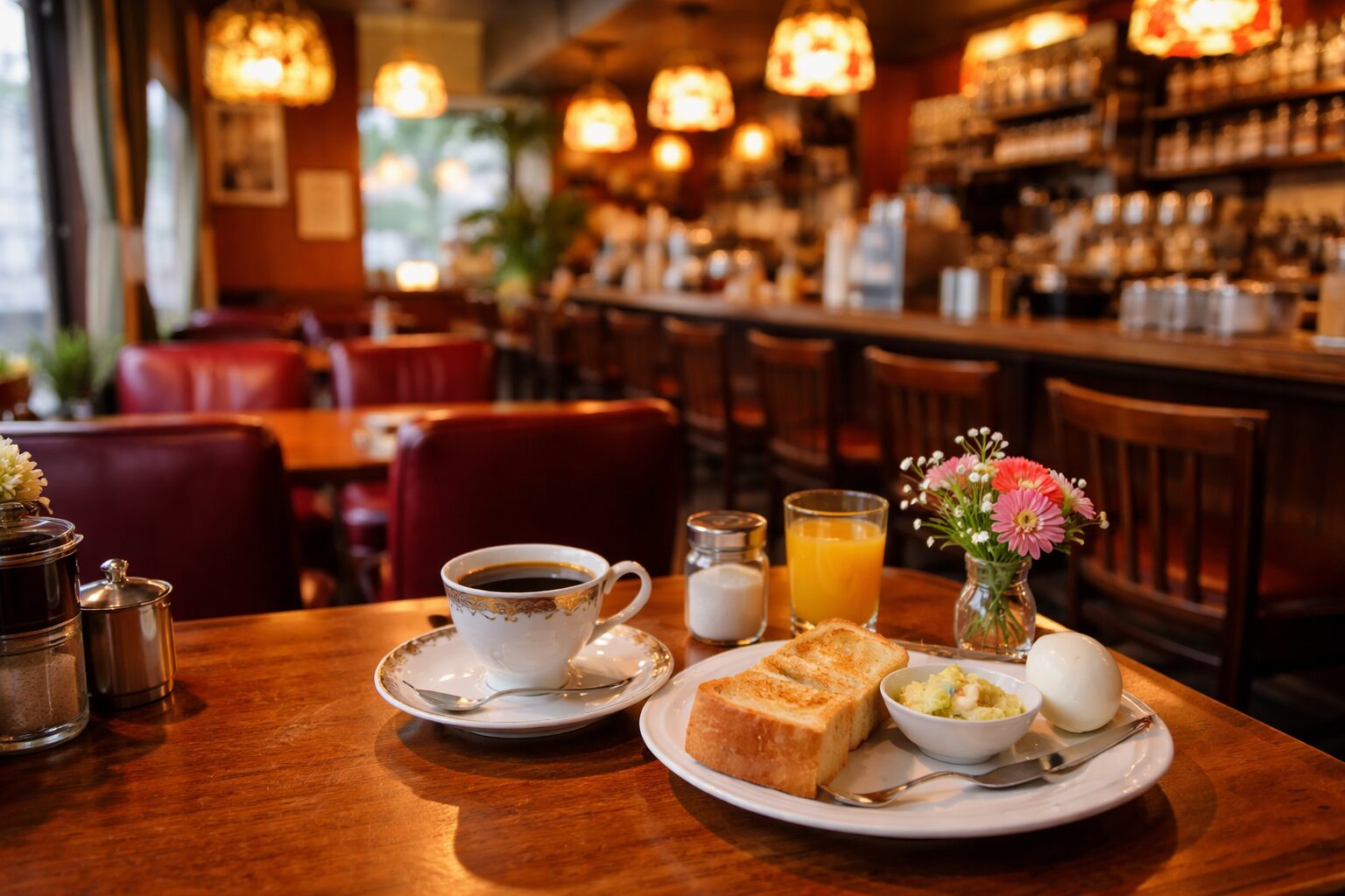 大阪の純喫茶で楽しむモーニングセットのイメージ｜トースト・ゆで卵・コーヒーが並ぶレトロな喫茶店の朝