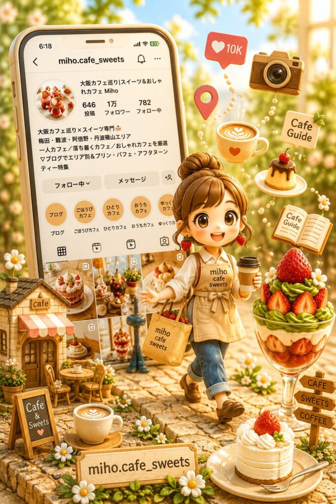 大阪・関西のカフェやスイーツ情報を発信する「miho.cafe_sweets」の世界観イメージ。Instagram画面とカフェスイーツ、キャラクターが描かれたプロフィール用ビジュアル。