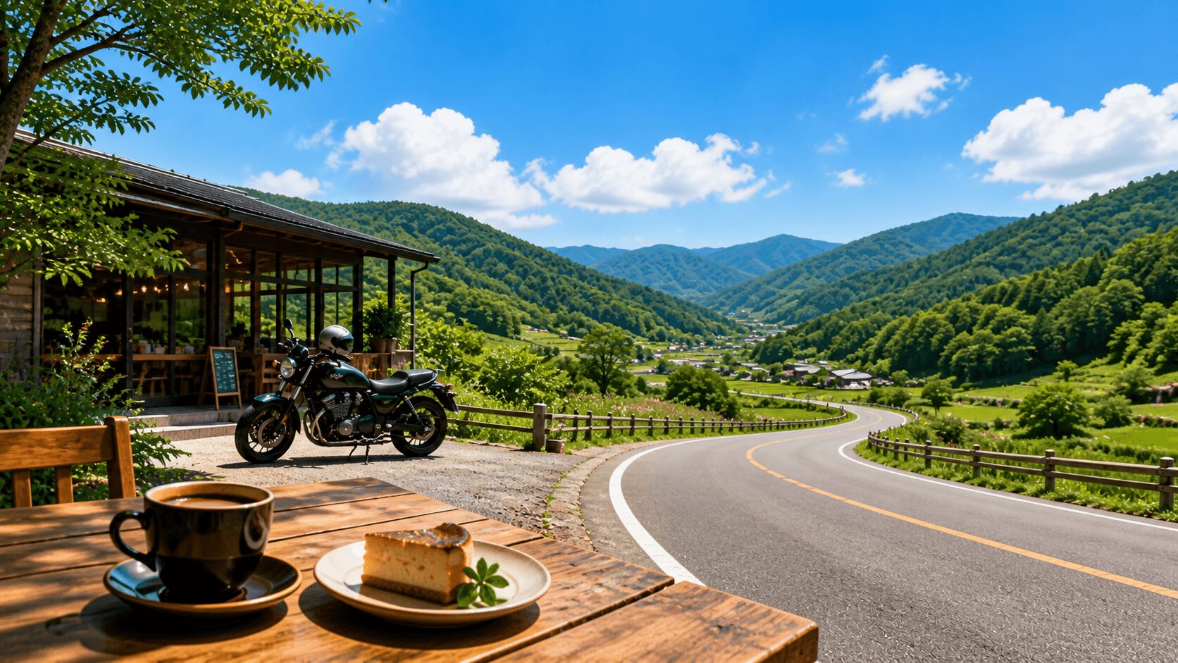 能勢ドライブのイメージ。新緑の山道とカフェのテラス、バイクと木のテーブルに並ぶコーヒー＆チーズケーキで休日のツーリングを満喫