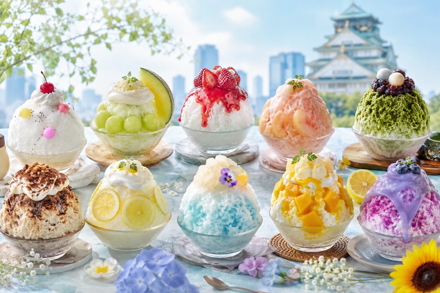 代替テキスト: 大阪のかき氷おすすめのイメージ。大阪城を背景に、フルーツ、抹茶、レモン、いちごなど色とりどりのかき氷が並ぶ夏のスイーツコレクション。