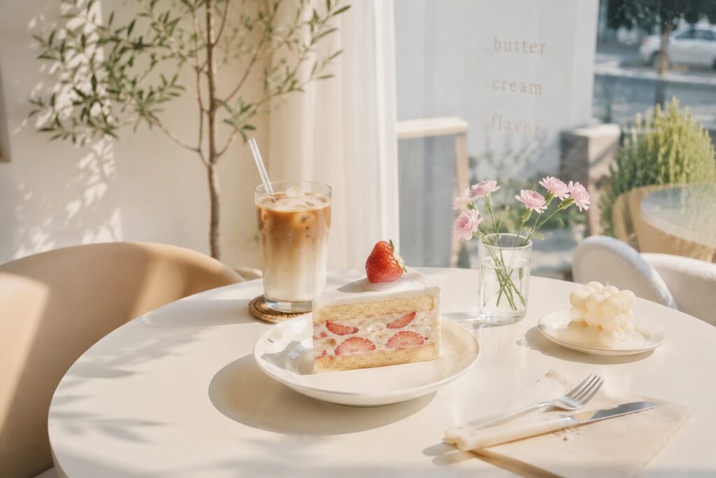 自然光が差し込む韓国風カフェで、いちごショートケーキとアイスラテが並ぶ淡色インテリアのテーブル風景