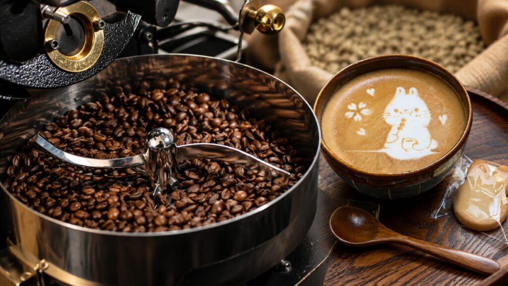 自家焙煎コーヒーの焙煎機で冷却される焙煎したての豆と、うさぎのラテアートのカフェラテ