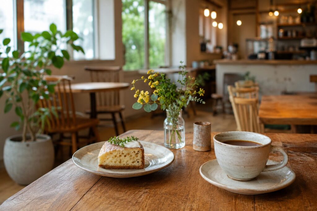 木のテーブルにコーヒーとケーキ、花が置かれた吹田のおしゃれなカフェの店内