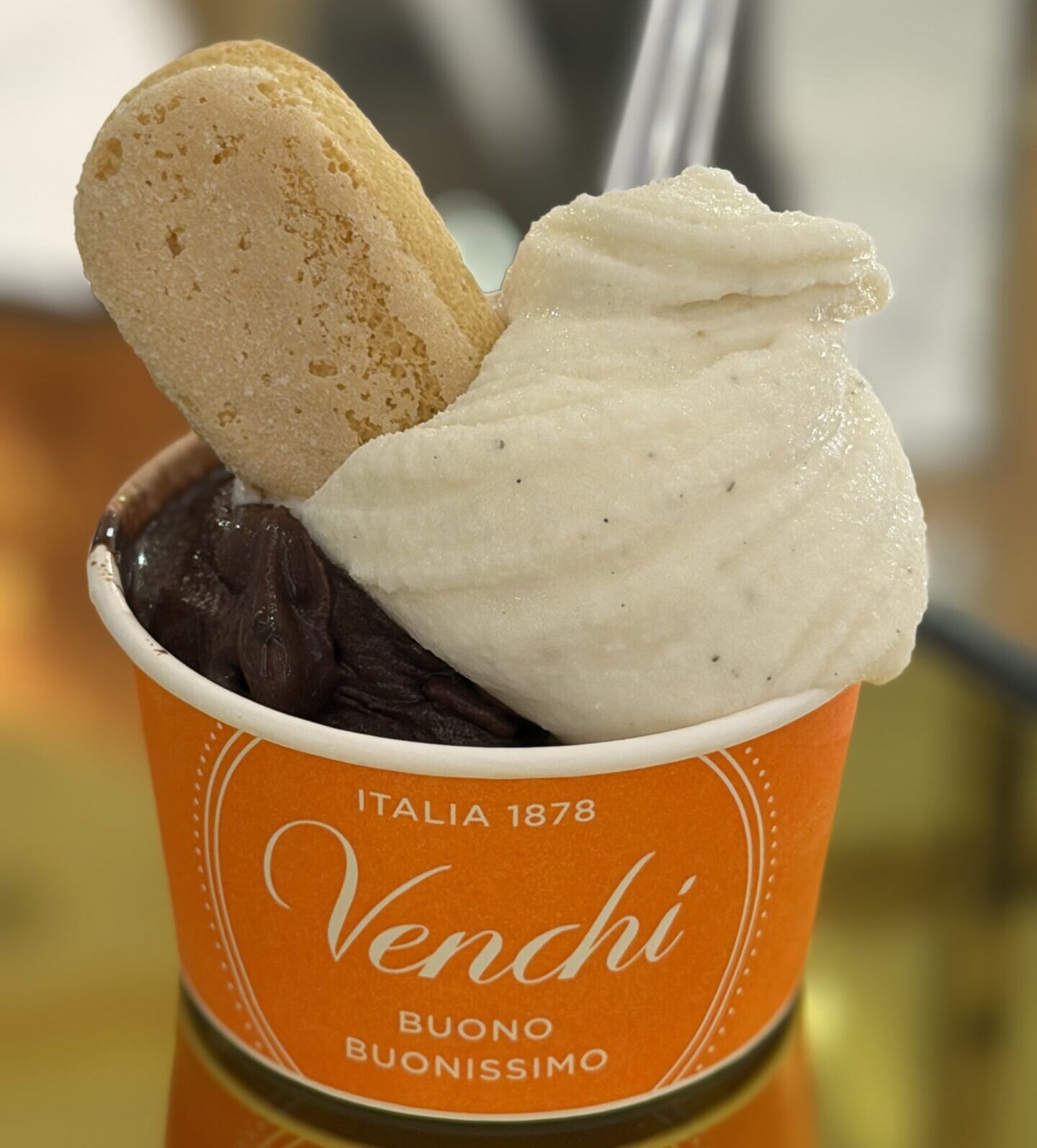 ヴェンキ ディアモール大阪店のチョコレートジェラートのカップ（ビスコッティ添え）