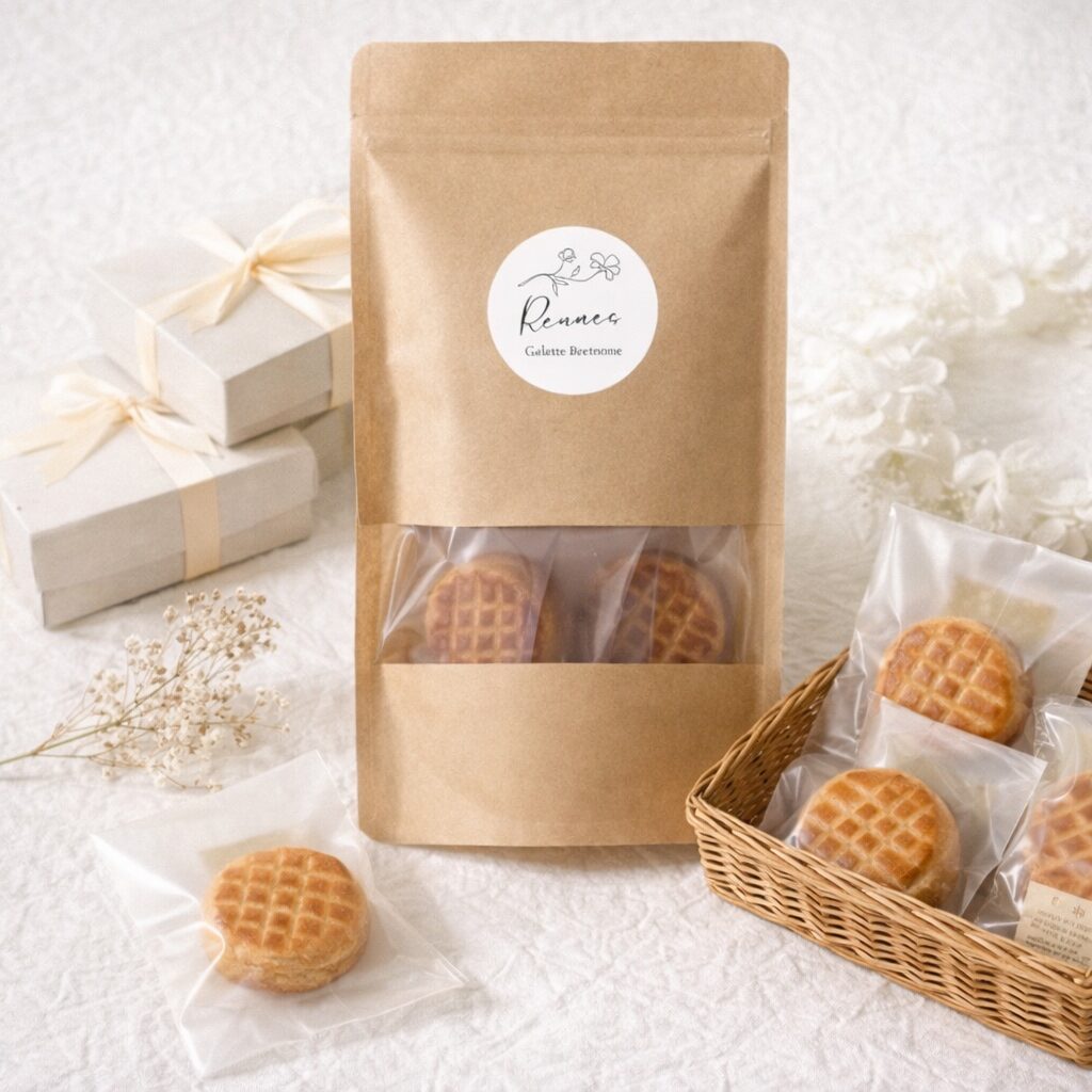 Rennes(レンヌ)のガレットブルトンヌ。クラフトパッケージに個包装の焼き菓子を詰め合わせ、白いギフトボックスやかすみ草とともに撮影したナチュラルな商品写真。