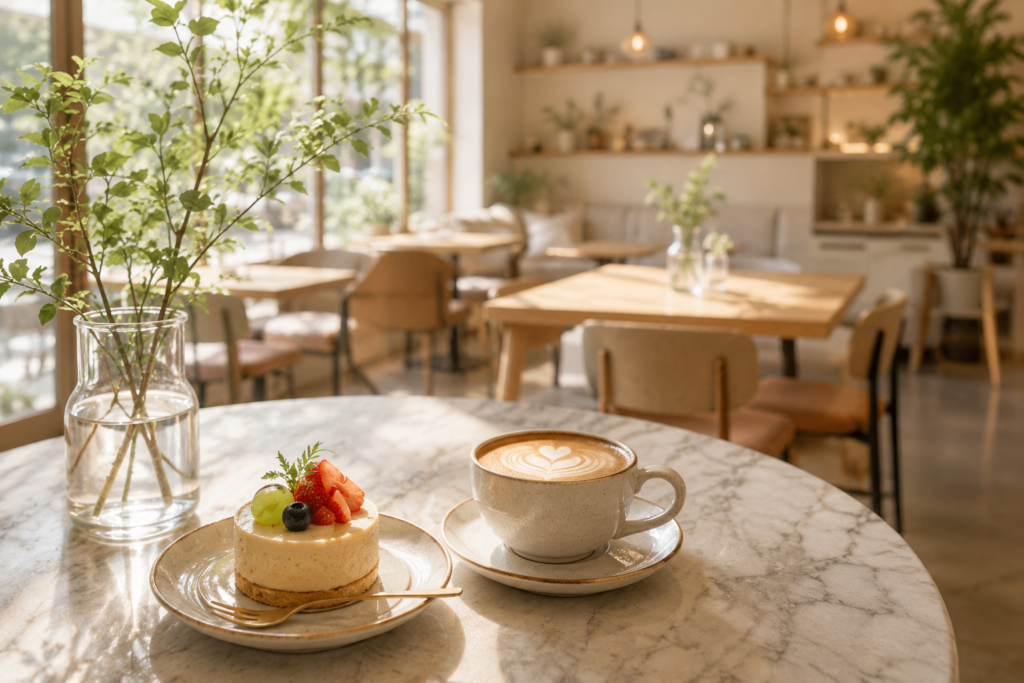 明るく落ち着いたカフェ店内のコーヒーとスイーツ