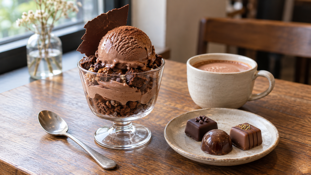 チョコレートパフェ、ホットチョコレート、粒ショコラを並べたカフェのイメージ(AI生成)