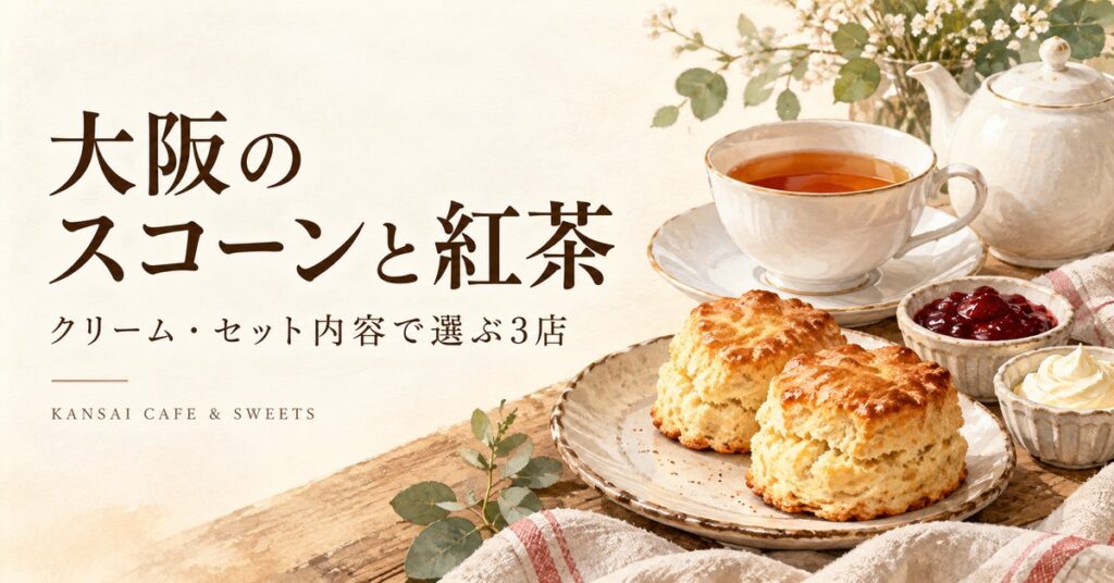 スコーン2個と紅茶、クリームとジャムを描いた「大阪のスコーンと紅茶」のイメージイラスト