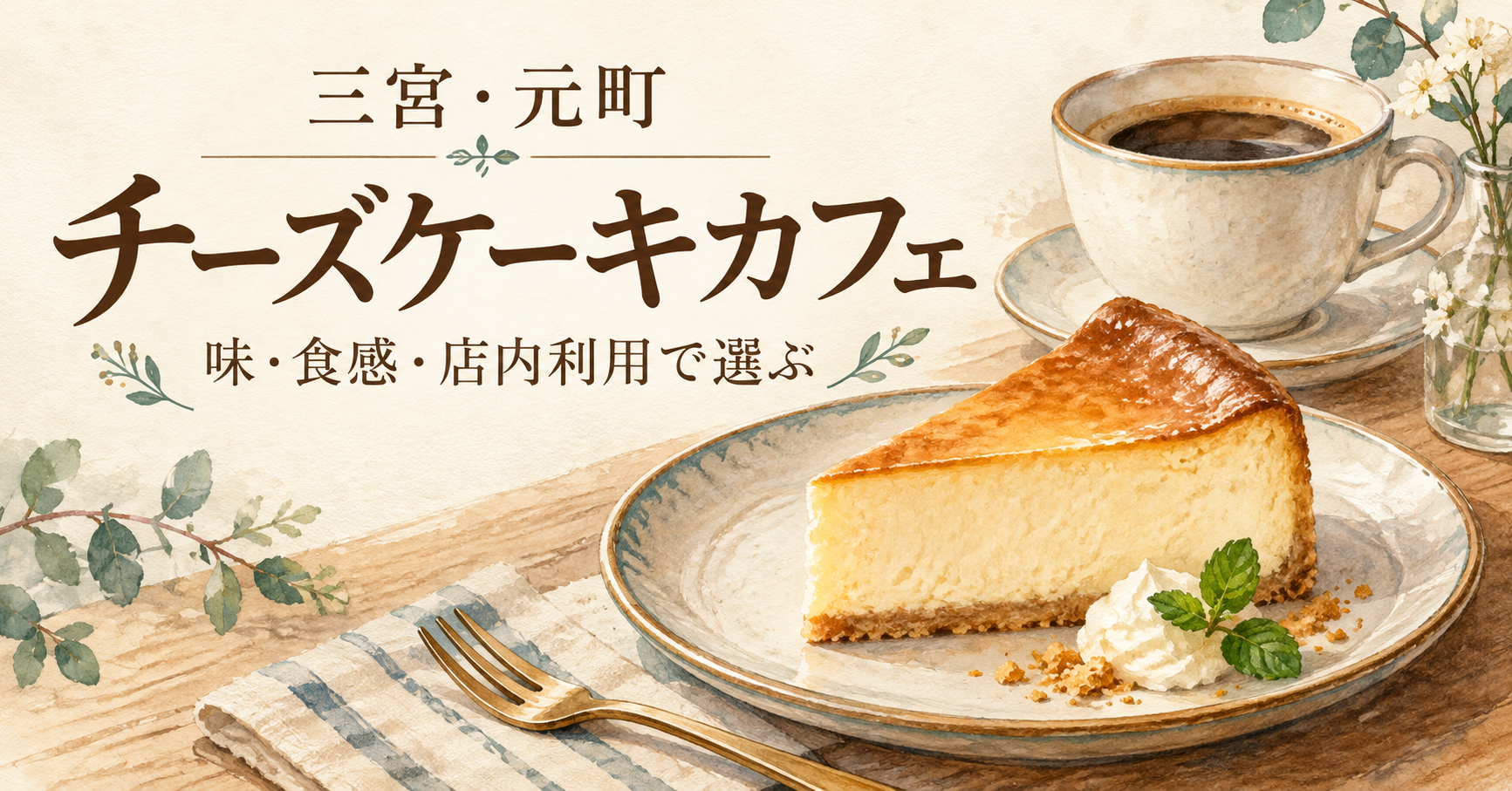 三宮・元町のチーズケーキカフェ特集。チーズケーキとコーヒーのイメージイラスト
